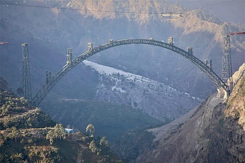 The world's highest rail bridge being constructed across Chenab River in J&K. (Photo | Twitter)