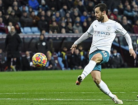 Manchester City midfielder Bernardo Silva shoots to score goal during EPL match against Aston Villa at Villa Park in Birmingham, England on December 1, 2021. (Photo | AP)