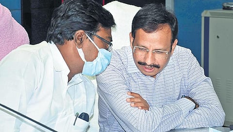 Transport Minister Puvvada Ajay Kumar and TSRTC MD Sajjanar during a media conference to announce the proposed hike of ticket fare, in Hyderabad on Wednesday, Dec 1, 2021. (Photo | EPS, R V K Rao)