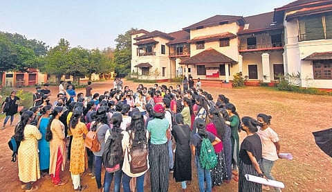 Students protesting against discriminatory hostel rules in front of UC College, Aluva