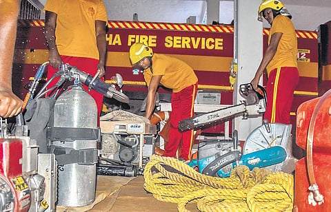 Ahead of the cyclonic storm, Odisha Fire Services personnel ready their equipment for rescue and relief work in Bhubaneswar on Thursday, Dec 2, 2021.