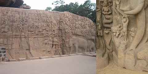 (L)The Great Penance, also known as Arjuna’s Tapas or Ganga’s Descent at Mamallapuram, Tamil Nadu. (R)The hypocrite cat surrounded by her mice followers at Mamallapuram, Tamil Nadu.