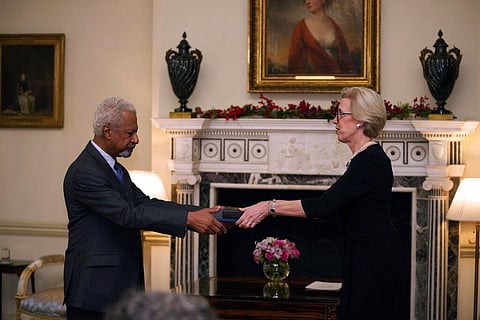 Abdulrazak Gurnah, a Tanzanian-born novelist and emeritus professor who lives in the UK, is presented with the 2021 Nobel Prize for Literature medal. (Photo | AP)