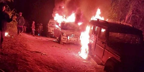 Angry villagers burn vehicles belonging to security personnel after 15Â civilians were killed by the security forces in two incidents of firing at Oting village in Nagaland. (File Photo | PTI)