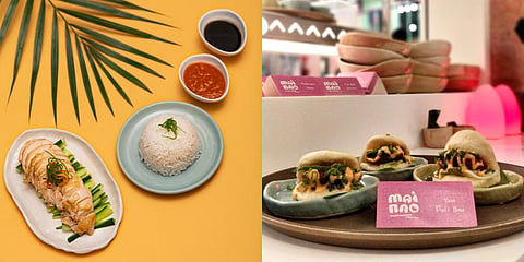 Hainanese Chicken Rice (L) and Yam Puff Bao