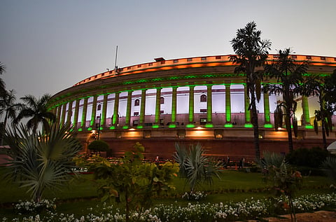 An illuminated Parliament House building during the ongoing Budget Session in New Delhi Wednesday. (Photo | PTI)