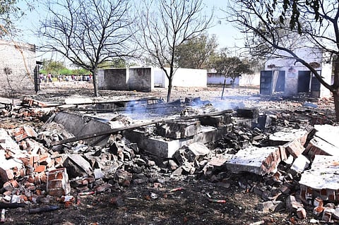 A view of the working sheds, seen damaged following the blast that was triggered at a cracker unit at Mallekoundanpalayam