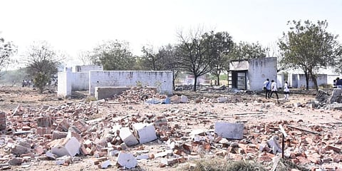 A view of the working sheds seen damaged following the blast that was triggered at a cracker unit at Achankulam village near Sattur in Virudhunagar district. (Photo | EPS)