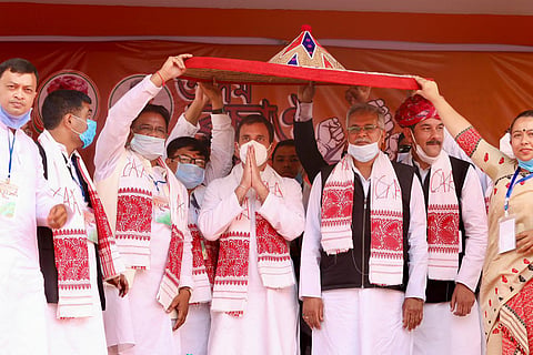 Congress leader Rahul Gandhi gets a rousing reception in Assam's Sivasagar on Sunday. (Photo | Twitter)