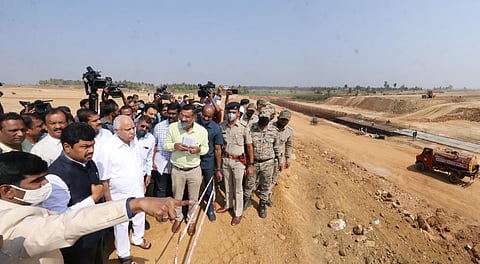 Chief Minister B S Yediyurappa inspecting airport work at Sogane near Shivamogga on Tuesday | Shimoga Nandan