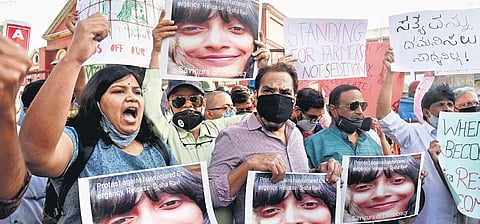 Citizens in support of arrested climate activist Disha Ravi protest in Bengaluru on Monday | VINOD KUMAR T