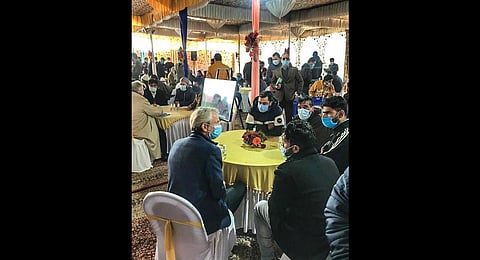 Foreign envoys interact with Budgam Panchayat representatives at Magam block in district Budgam. (Photo | PTI)