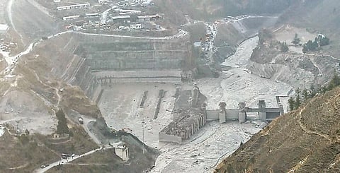 Aerial view shows washed away Tapovan hydel power project plant after Sunday’s glacier burst, in Chamoli district of Uttarakhand | PTI