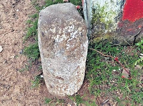 The 10th century CE Tirunindravur inscription that speaks about local body elections. It now lies carelessly buried near the shed that houses the temple car of the Bhakthavatsala Perumal Koil