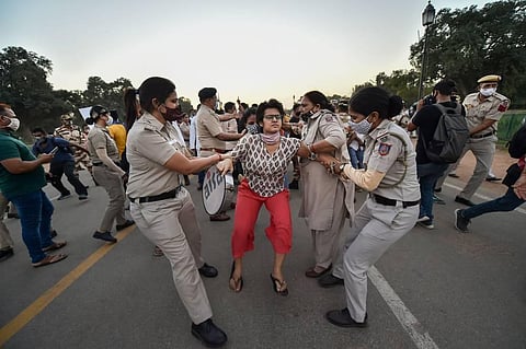 Members of AISA and Bhim Army detained by police during a protest against the death of a Dalit woman who was gang-raped in Hathras UP in New Delhi in September last year (File Photo | PTI)