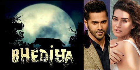 A poster of 'Bhediya' starring Varun Dhawan and Kriti Sanon. (Photo| Twitter and PTI)
