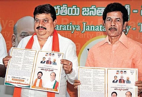 BJP MLC contestant N Ramchander Rao releases party manifesto for civil polls in Hyderabad on Sunday.