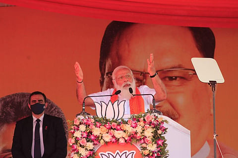 Prime Minister Narendra Modi speaks during BJP public meeting in Puducherry. (Photo | Pattabiraman, EPS)
