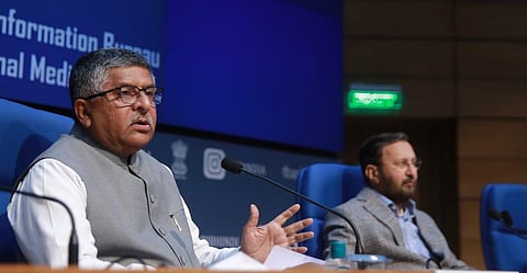 Union Minister for Electronics & Information Technology Ravi Shankar Prasad and I&B Minister Prakash Javadekar address a press conference . (Photo | Shekhar Yadav, EPS)