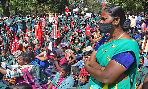 Pourakarmikas protest in the city. (Photo | Ashishkrishna HP, EPS)