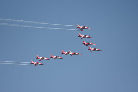 The nine-aircraft Suryakiran team flew Hawk MKI aircraft. (Photo | Ashishkrishna HP, EPS)