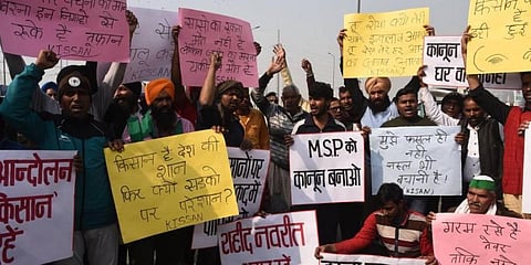 Farmers during their ongoing protest against the new farm laws at Ghazipur border in New Delhi on February 1 (Photo | Parveen Negi/EPS)