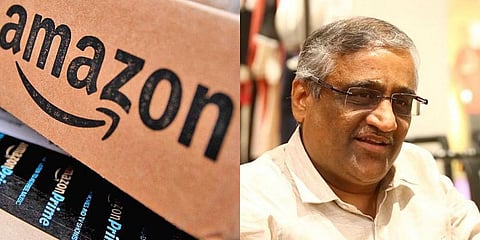 Amazon logo (L) and Future Group CEO Kishore Biyani (File photo| PTI)