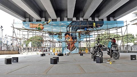The parking space created below a flyover near Forum Mall at Kukatpally in Hyderabad as part of the GHMC’s Smart Parking project |