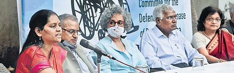 G N Saibaba’s wife Vasantha, activists and opposition leaders address the media in New Delhi on Wednesday | Parveen Negi