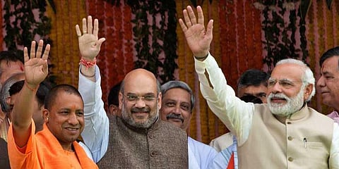 (From Left) Uttar Pradesh CM Yogi Adityanath, BJP president Amit Shah and PM Narendra Modi