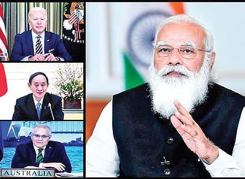 PM Narendra Modi interacts with US President Joe Biden, Japanese PM Yoshihide Suga, Australian PM Scott Morrison at the Quad summit | Twitter