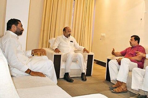 BJP State chief Bandi Sanjay Kumar at a meeting with party leaders, in Hyderabad on Saturday | Vani Buddhavarapu