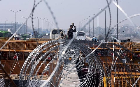 Layers of security barricades at Delhi-UP Ghazipur border. (Photo | Parveen Negi/EPS)
