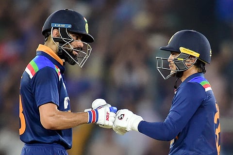 Virat Kohli and I Kishan during second T20 cricket match between India and England. (Photo | PTI)