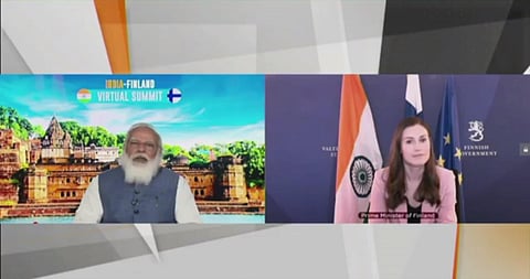 PM Narendra Modi with Finnish counterpart Sanna Marin during the India-Finland Virtual Summit (Photo | Twitter Screengrab)