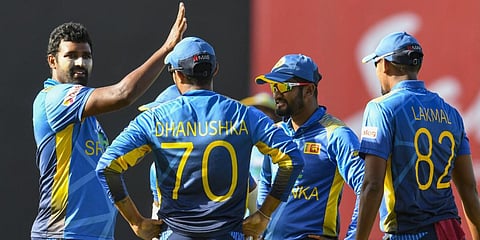 Sri Lankan cricket team during the third ODI vs West Indies. (Photo| Twitter/ @OfficialSLC)