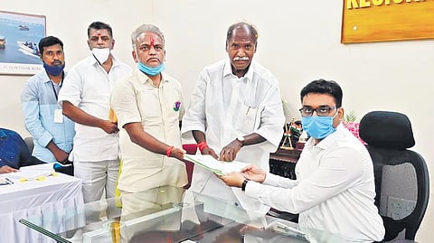 NR Congress leader N Rangasamy filing nomination at Yanam constituency in Puducherry Union Territory on Wednesday | G pattabi raman