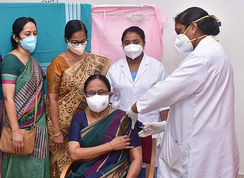 Kerala Health Minister KK Shailaja being administered the COVID-19 vaccine (Photo | Special arrangement)