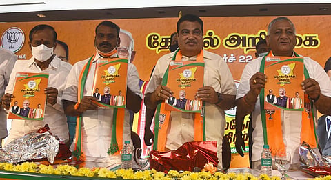 Union Minister Nitin Gadkari releasing BJP manifesto for Tamil Nadu assembly election. (Photo | Martin Louis, EPS)