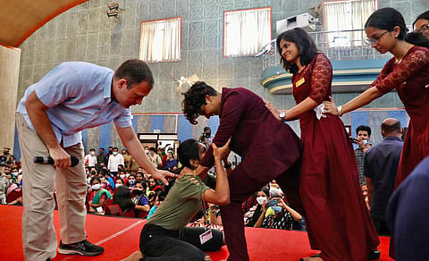 Rahul Gandhi demonstrating Aikido moves to Varsha at St Teresa’s College on Monday.