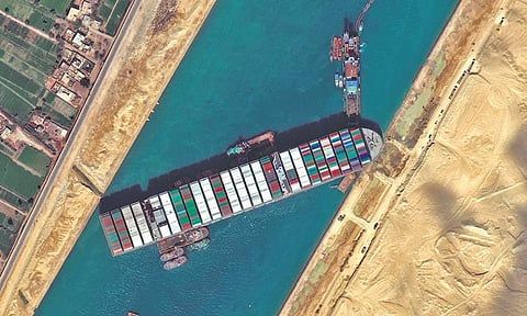 The MV Ever Given was still stuck in the Suez Canal on Saturday | MAXAR via AP