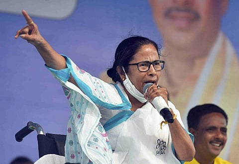 West Bengal Chief Minister Mamata Banerjee addresses a public meeting, in Purba Medinipur. (Photo | PTI)