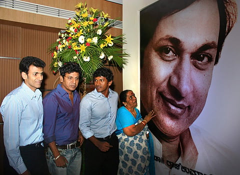 Shiva Rajkumar with his mother and brothers on the birth anniversary of Dr Rajkumar (File photo | Suresh Nampoothiri/EPS)