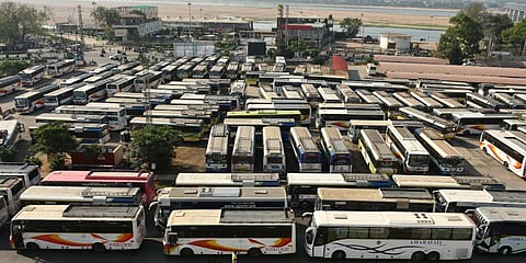 APSRTC buses parked at PNBS in Vijayawada (Photo | Prasant Madugula, EPS)