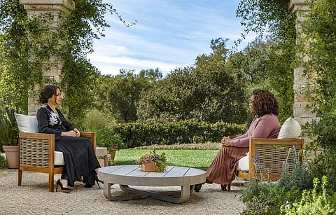 Meghan, Duchess of Sussex speaking with Oprah Winfrey during an interview. 'Oprah with Meghan and Harry: A CBS Primetime Special' airs March 7 as a two-hour exclusive primetime special. (Photo | AP)