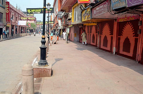 A view of the closed Varanasi shops during .