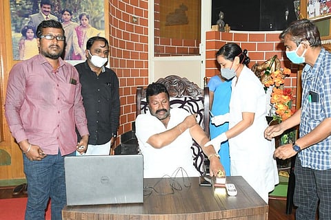 Agriculture minister B C Patil took Covid-19 jab at his residence in Hirekerur on March 2. (Photo | Express)