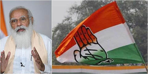 PM Narendra Modi (L) and Congress flag (Photo| ANI)