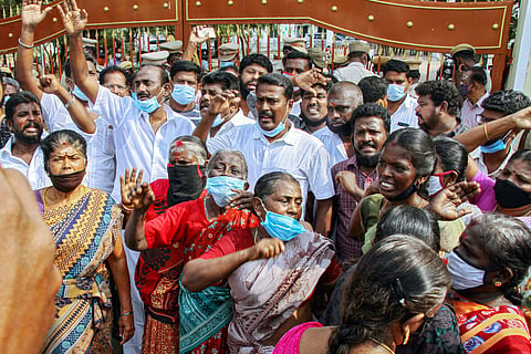 Activists stage a protest against Centre's decision to re-open Sterlite Copper Plant in Thoothukudi on Friday. (Photo | PTI)