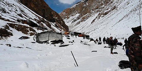 Rescue and relief operation underway after a glacier broke off in the Sumna area of Niti Valley near Uttarakhands Chamoli district on Friday, in Uttarakhand. (Photo | PTI)